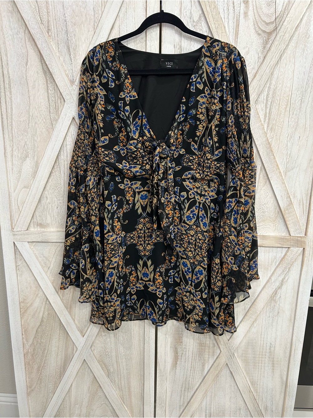 Vici Black Floral Tie-Front Mini Dress with Blue and Gold Print